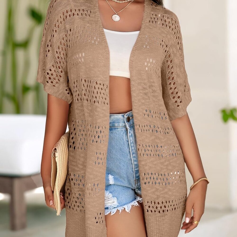 Lightweight Summer Crochet Cardigan for Women Short Sleeve Kimono Boho Oversized - Picture 4 of 4